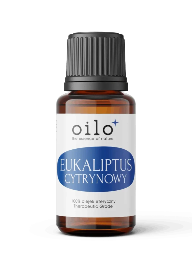 Olejek eukaliptusowy — butelka z oznaczeniami certyfikatów na etykiecie