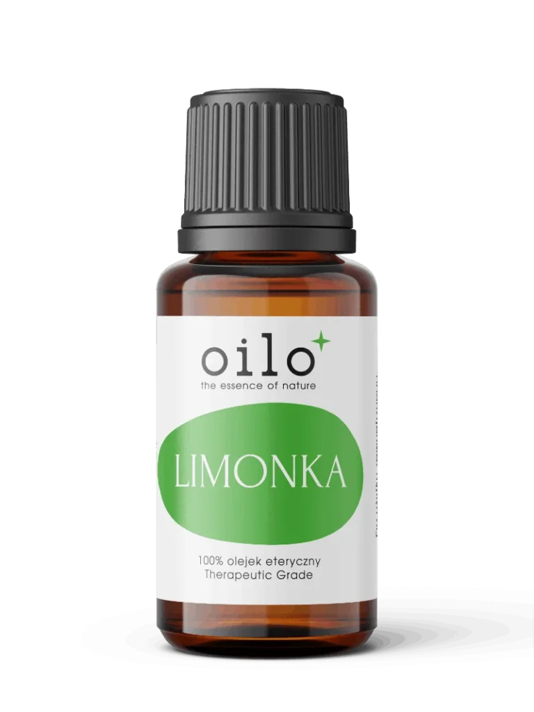 Olejek limonkowy — butelka z oznaczeniami certyfikatów na etykiecie