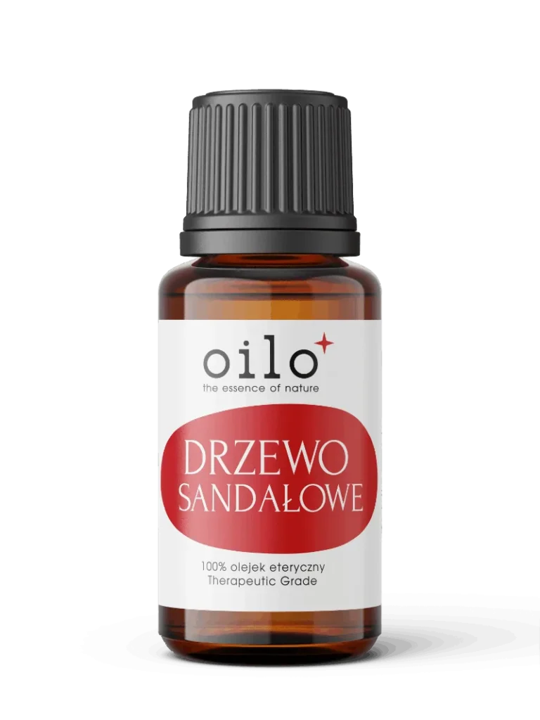 Olejek z drzewa sandałowego — butelka z oznaczeniami certyfikatów na etykiecie
