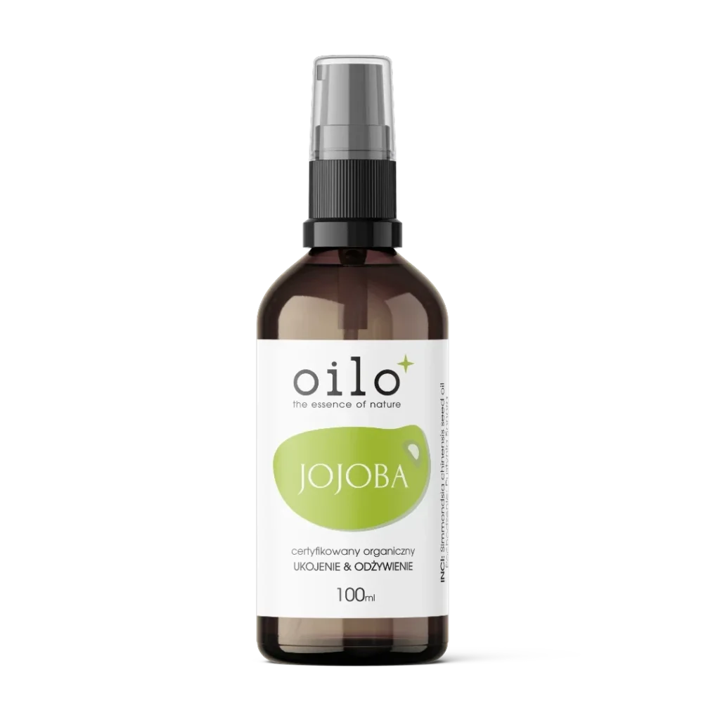 Olej jojoba — butelka z przodu, etykieta