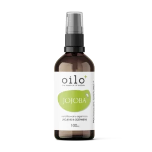 Olej jojoba — butelka z przodu, etykieta