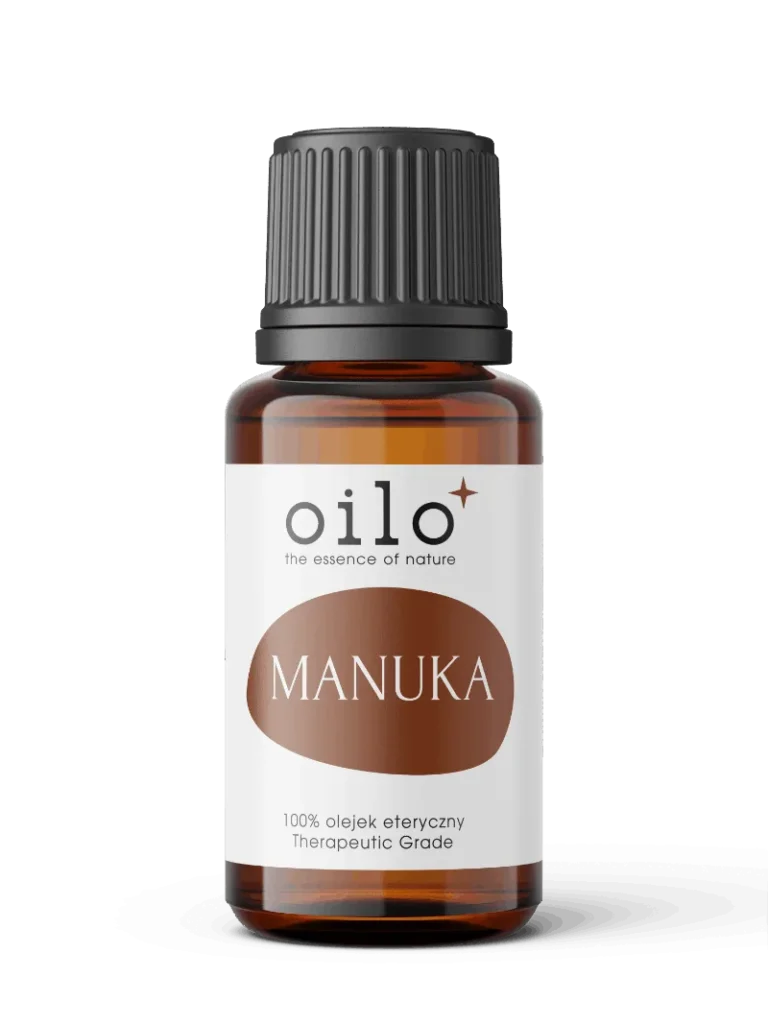 Olejek manuka — butelka z oznaczeniami certyfikatów na etykiecie