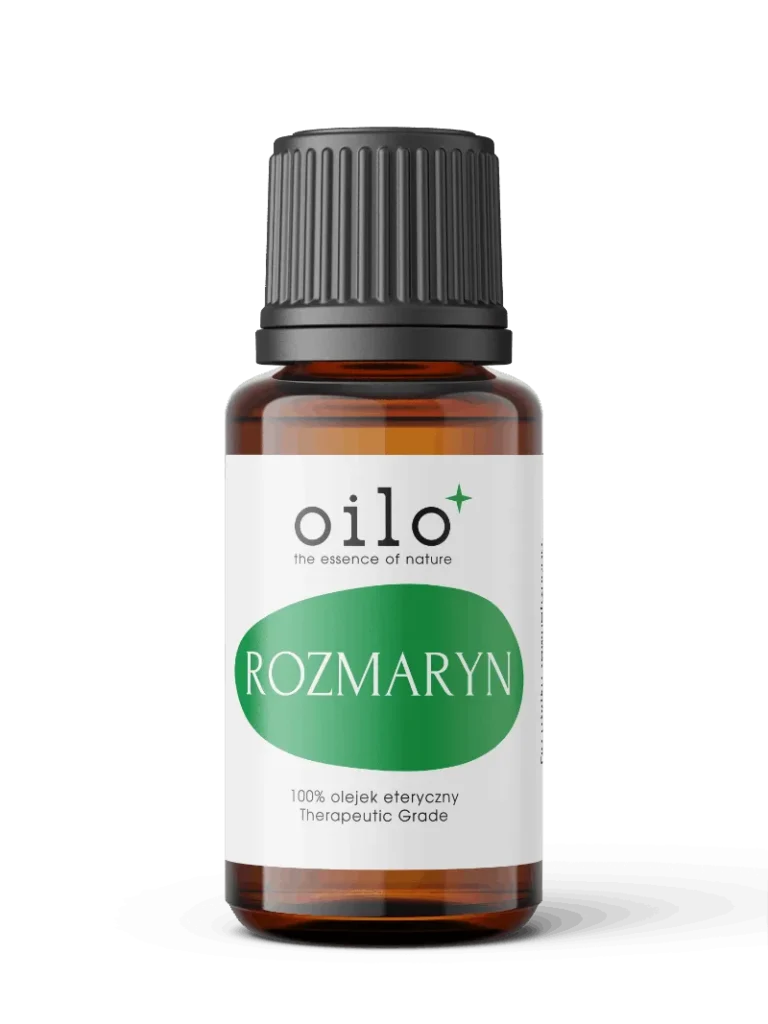 Olejek rozmarynowy — butelka z oznaczeniami certyfikatów na etykiecie (ujęcie 3)