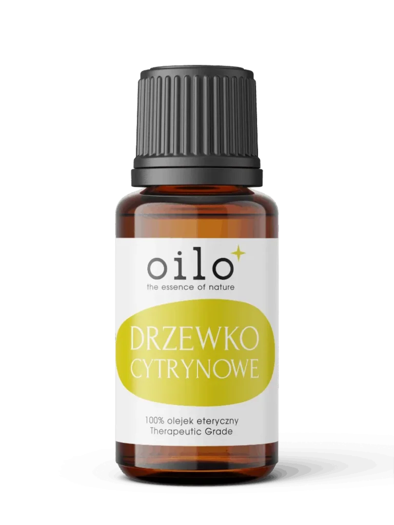 Olejek z drzewa cytrynowego — butelka z oznaczeniami certyfikatów na etykiecie