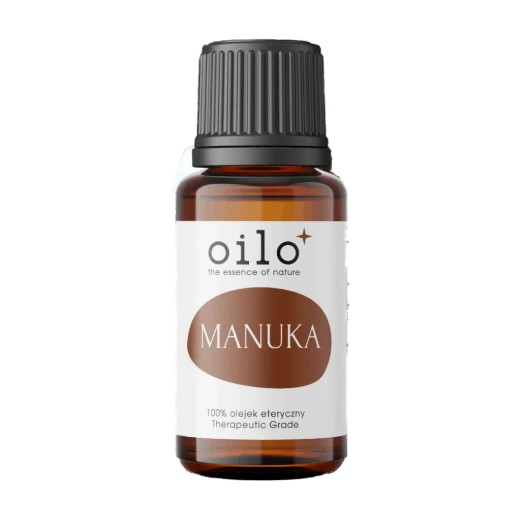 Olejek manuka — butelka z przodu, etykieta