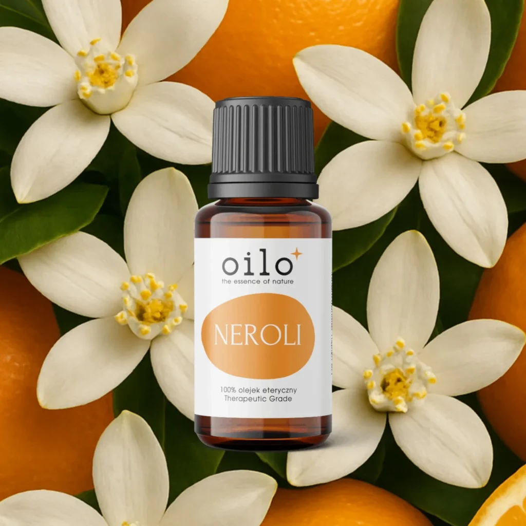 Olejek neroli — butelka na tle aranżacji
