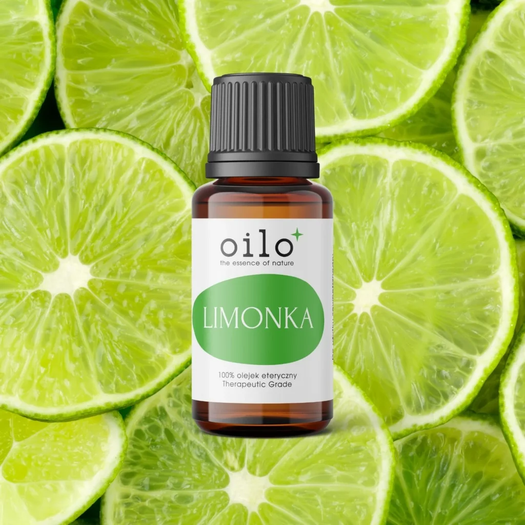 Olejek limonkowy — butelka na tle aranżacji