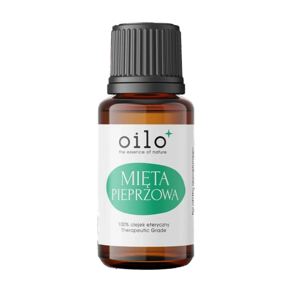 Olejek miętowy — butelka z przodu, etykieta