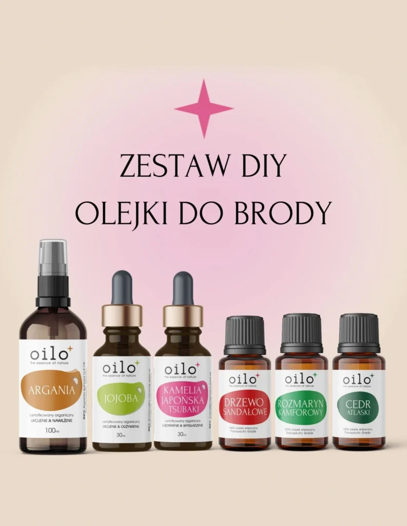 OLEJKI DO BRODY — zestaw DIY: argan 100 ml, jojoba, kamelia tsubaki oraz olejki drzewo sandałowe, rozmaryn kamforowy i cedr atlaski